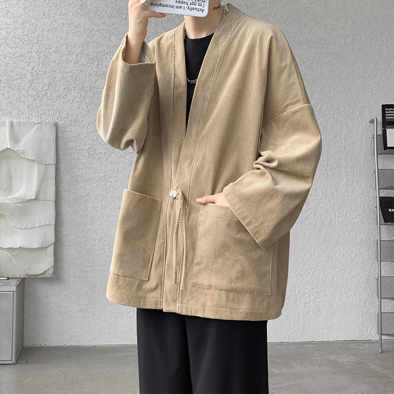 Herr oversize cord kimono cardigan med drawstring, utanpåfickor och drop ärmar