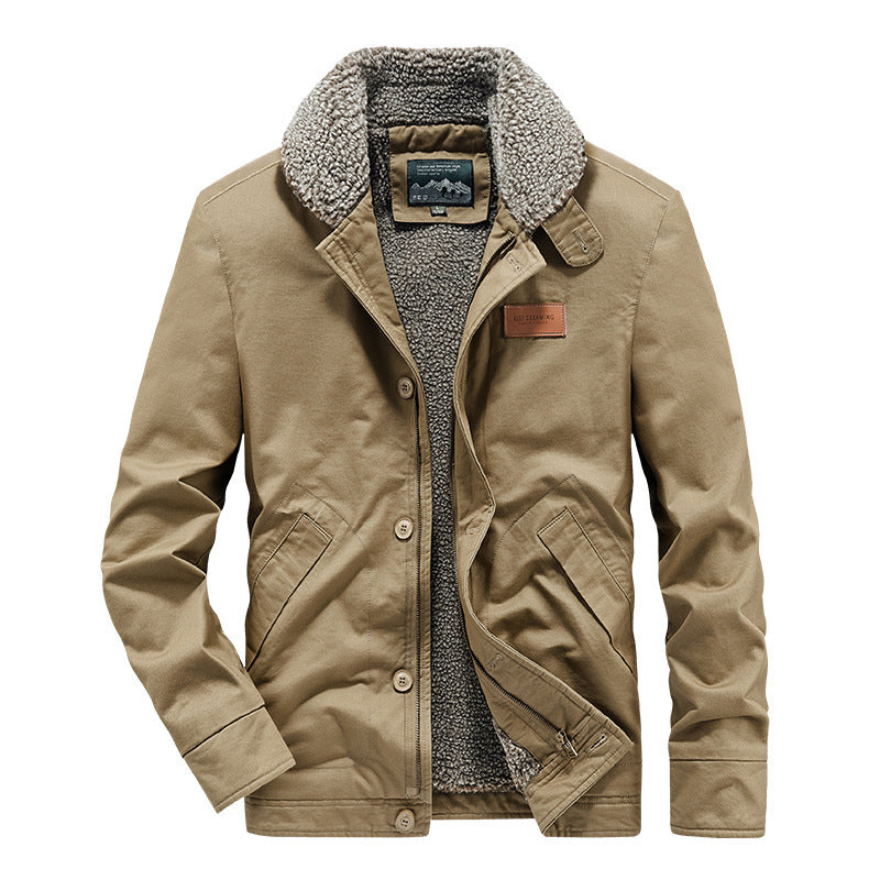 Herr Rugged Canvas Worker Jacka med Voluminous Sherpa Inre Foder och Hög Krage