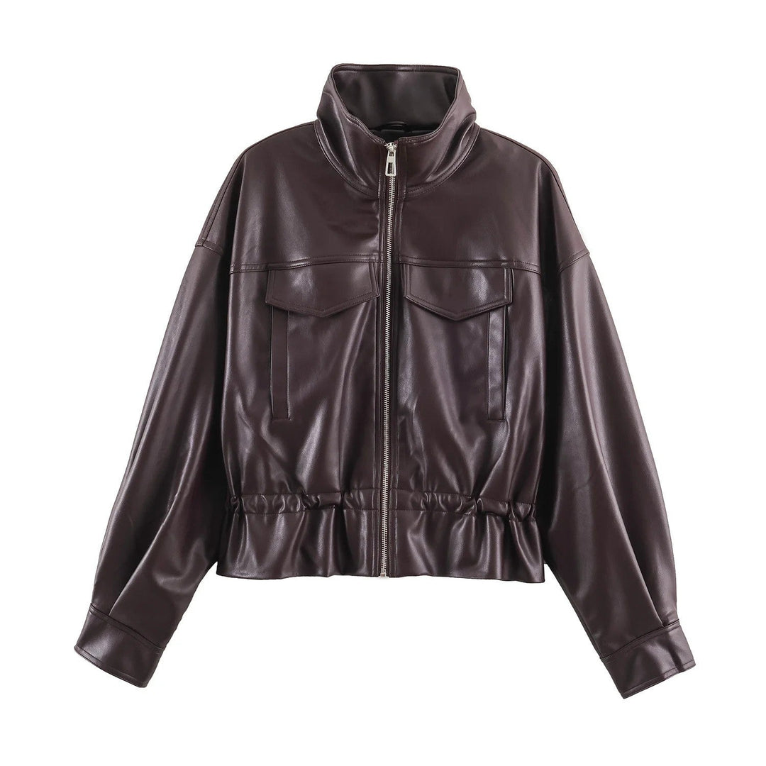 Dam Oversize Blouson Jacka Tillverkad av Vegansk Läder med A Hög Standing Krage och Drawstring Waist
