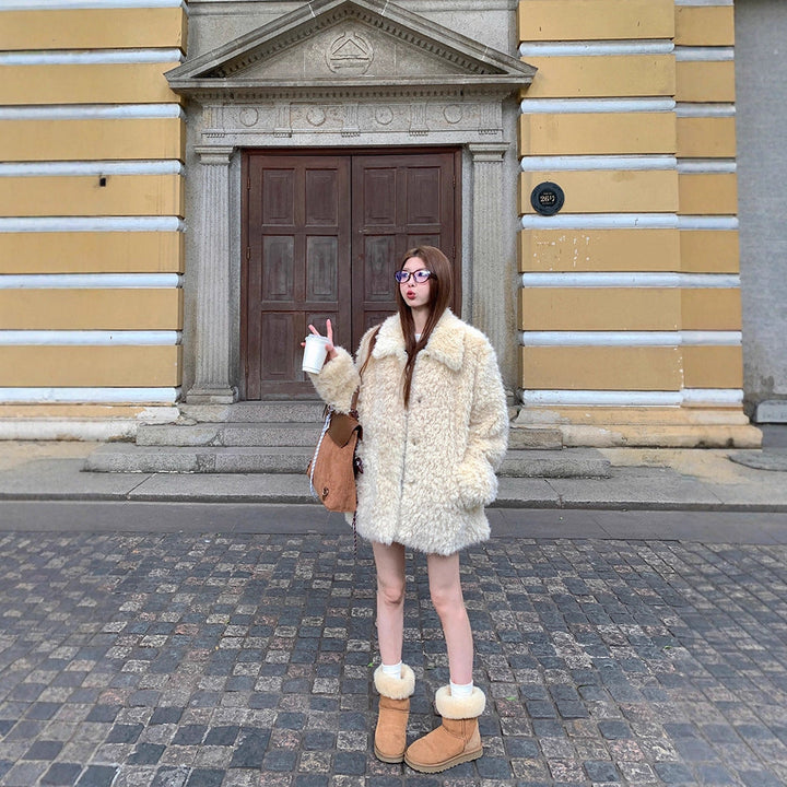 Dam oversize Faux Fur kappa med teddy look, Stand krage och fickor