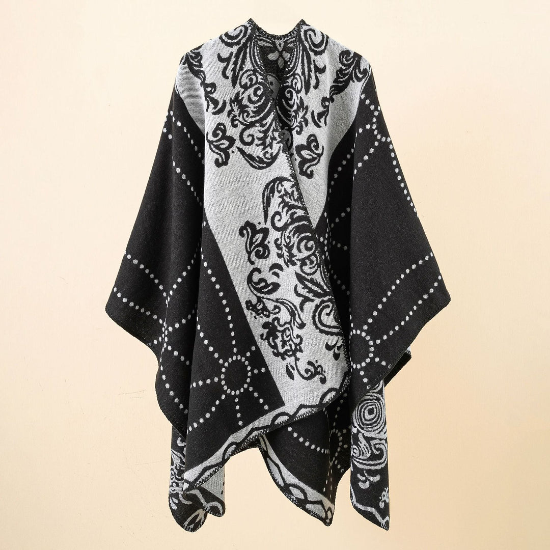 Dam Jacquard Ruana i cape stil med kontrasterande chain fåll