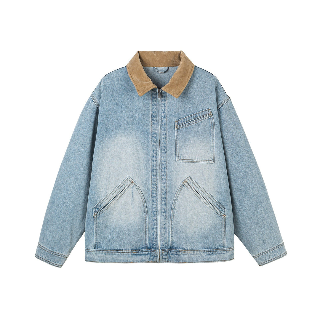 Dam Oversized Denim Jacka med Mocka Krage, Concealed Dragkedja och Distinctive Fickor