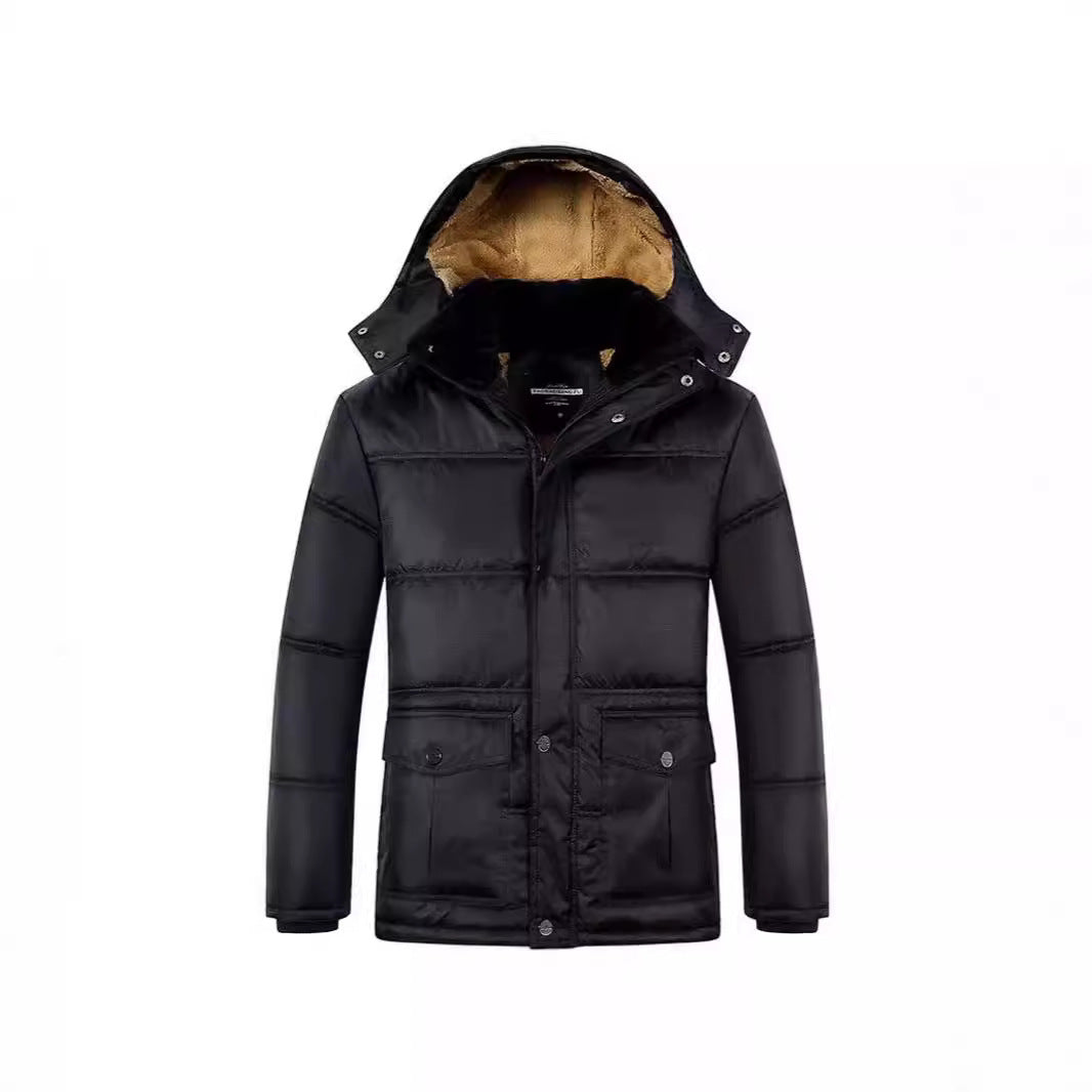 Herr Long Termisk Insulated Quiltad Parka med Teddyfoder, Huva, och Lock Fickor