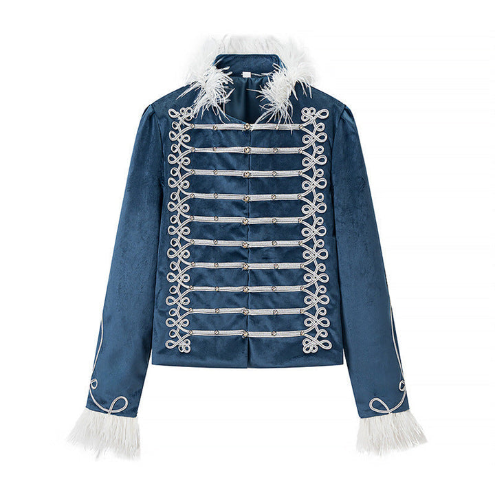 Dam Militär Inspired Sammet Jacka med Decorative Cords, Feather Kant och Decorative Knappar