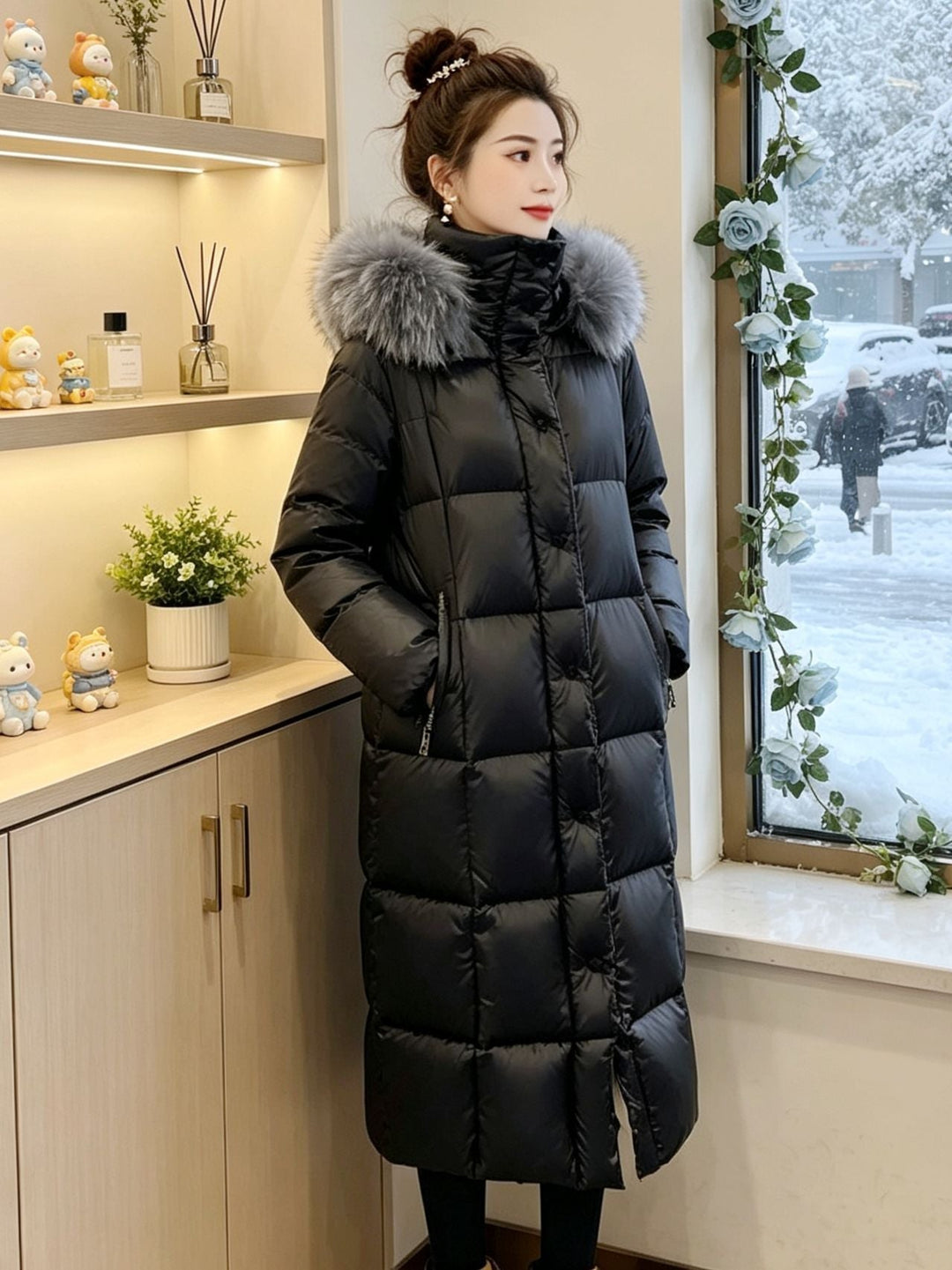 Dam Lång Dunjacka med Faux Fur Krage