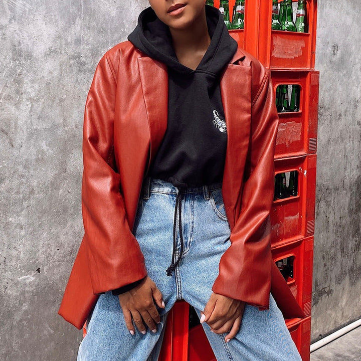 Dam Oversized Konstläder Blazer Jacka