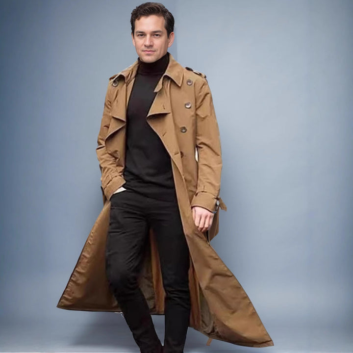 Herr Vattenavvisande Long Trenchcoat med Dubbel Knapplist, Axel Epaulettes, och Justerbar Midja Belt