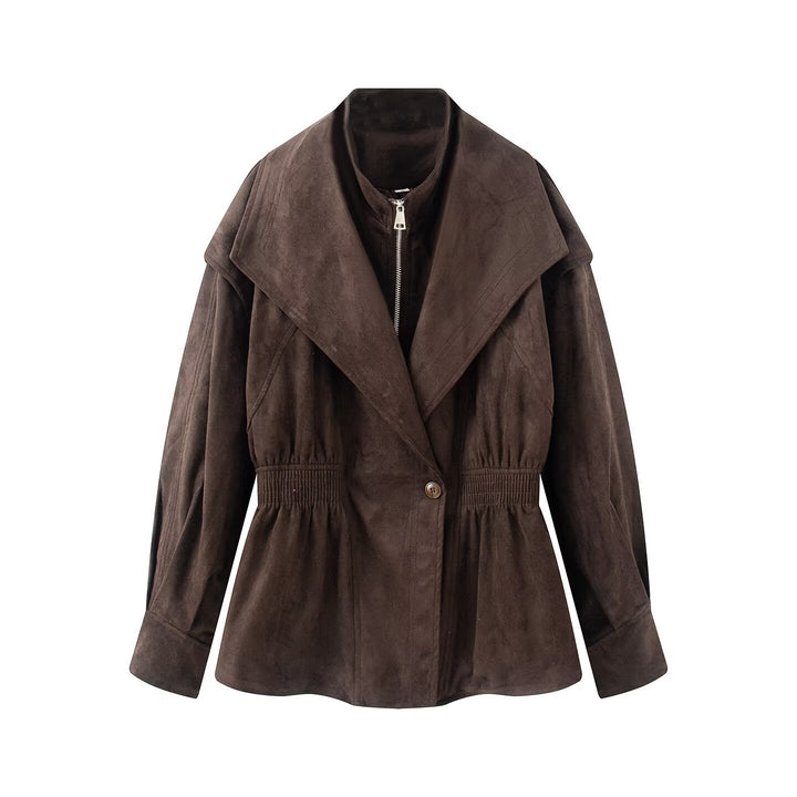 Dam Tailored Jacka i Suede Look med Stora Shawl Krage, Dragkedja och Gathered Waist