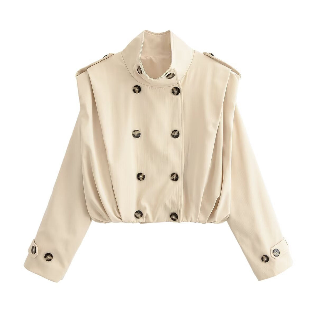 Dam Kort Double-Breasted Trenchcoat med Stå Krage, Shoulder Straps och Elastic Nederkant
