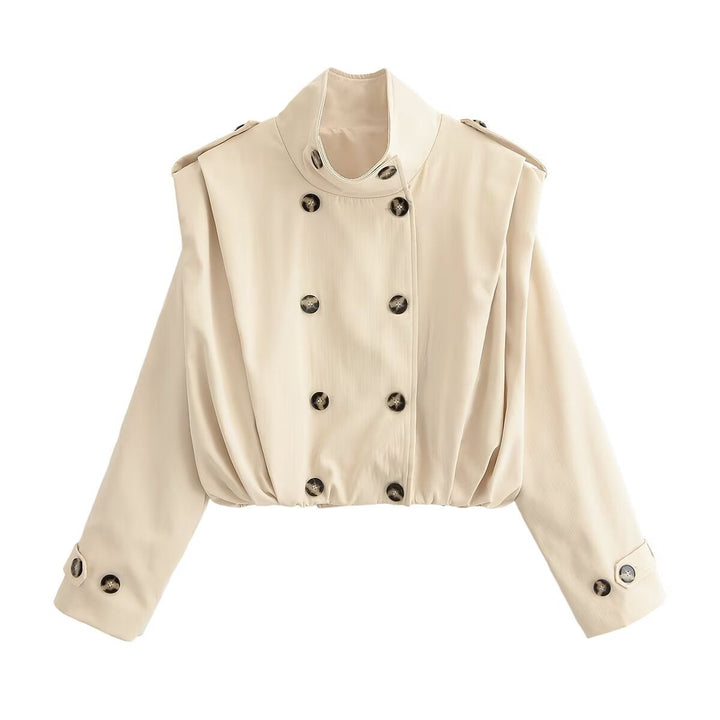 Dam Kort Double-Breasted Trenchcoat med Stå Krage, Shoulder Straps och Elastic Nederkant