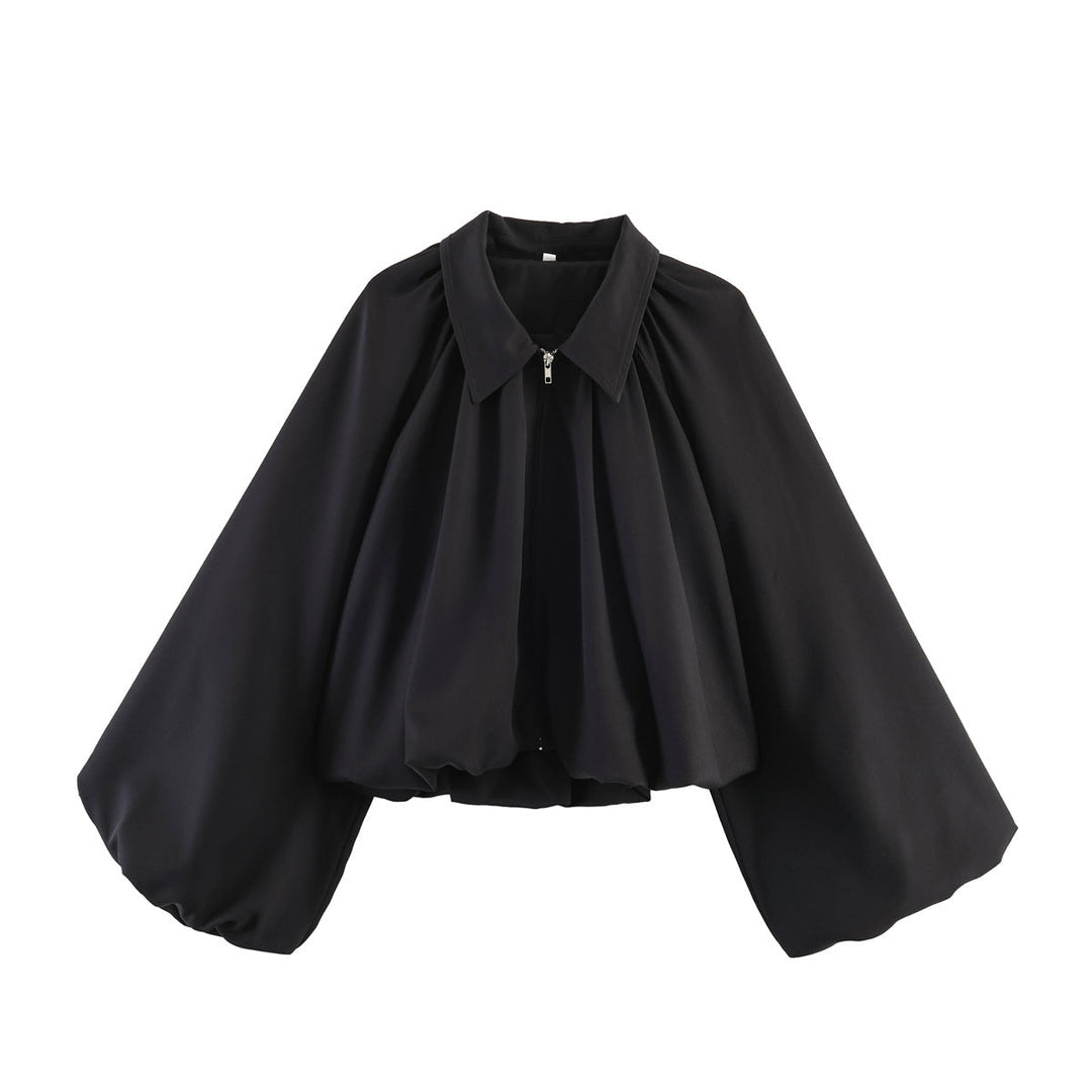 Dam Kort Cape Jacka med Voluminous Balloon Ärmar, Stå Krage och Dragkedja