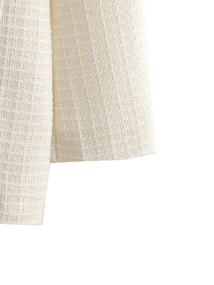Dam Bouclé-Tweed blazer jacka med rund hals och påsydda fickor