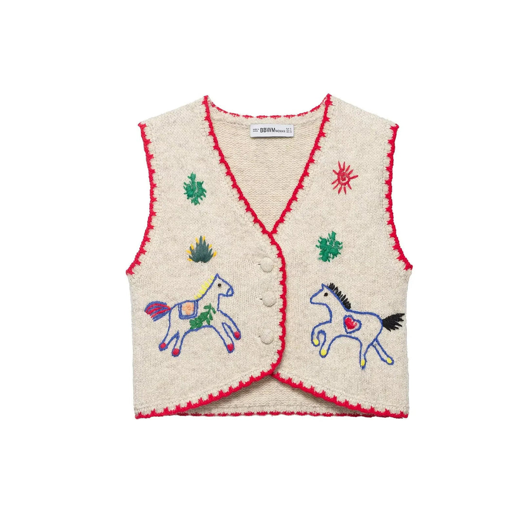 Dam embroidered ullblandning väst med horse motifs, crocheted edge och decorative knäppning