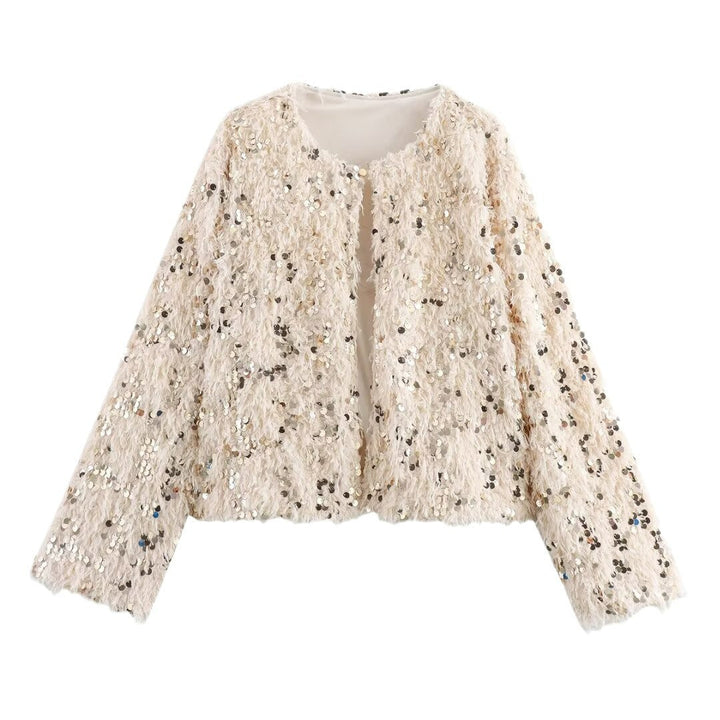 Dam Kort Jacka Gjord av Fluffy Konstpäls med Sequin Kant