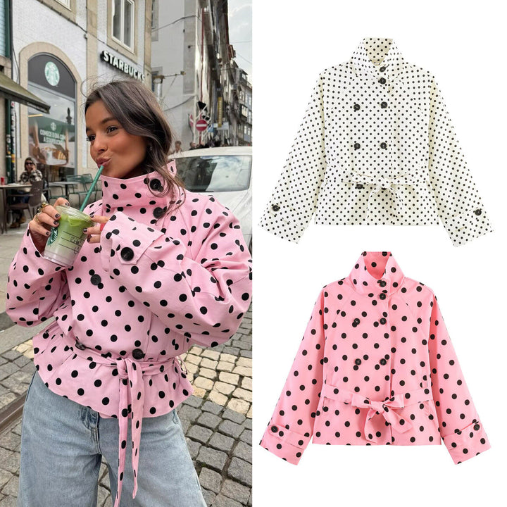 Dam Kort Skärning Raincoat med Prickig Prick Mönster och Tie Belt