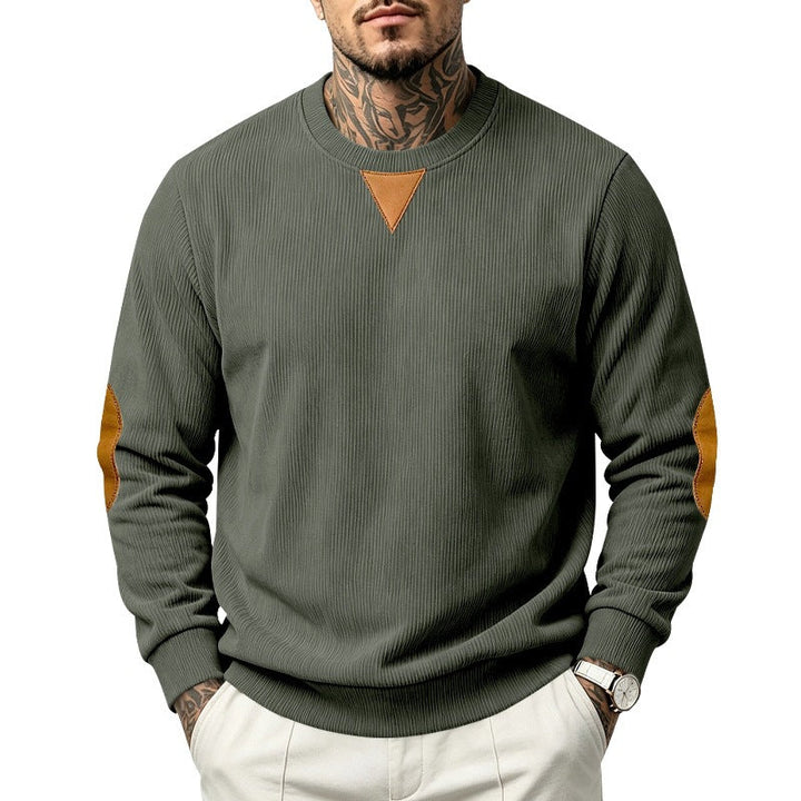 Herr College-Tröja med Textured Stickad, Elbow Lappar och Round Neckline