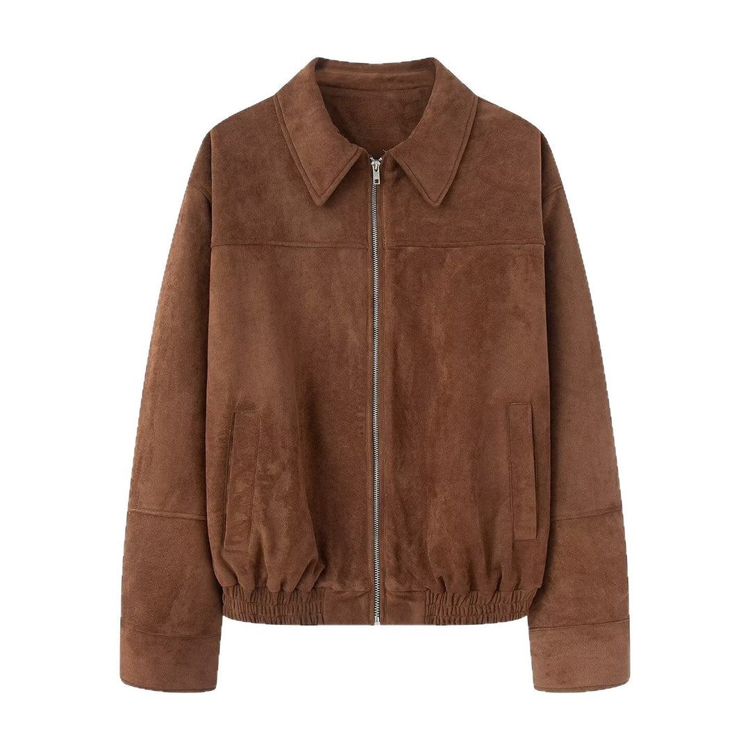 Dam kort jacka in mocka look med dragkedja och elastic fåll