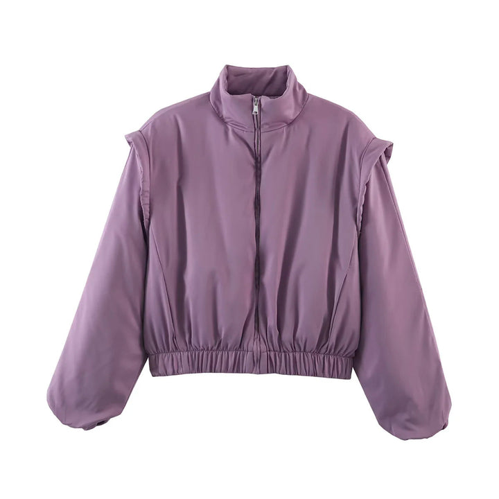Dam cropped quiltad jacka med stand krage, voluminous balloon ärmar, och figure-hugging elastic waistband