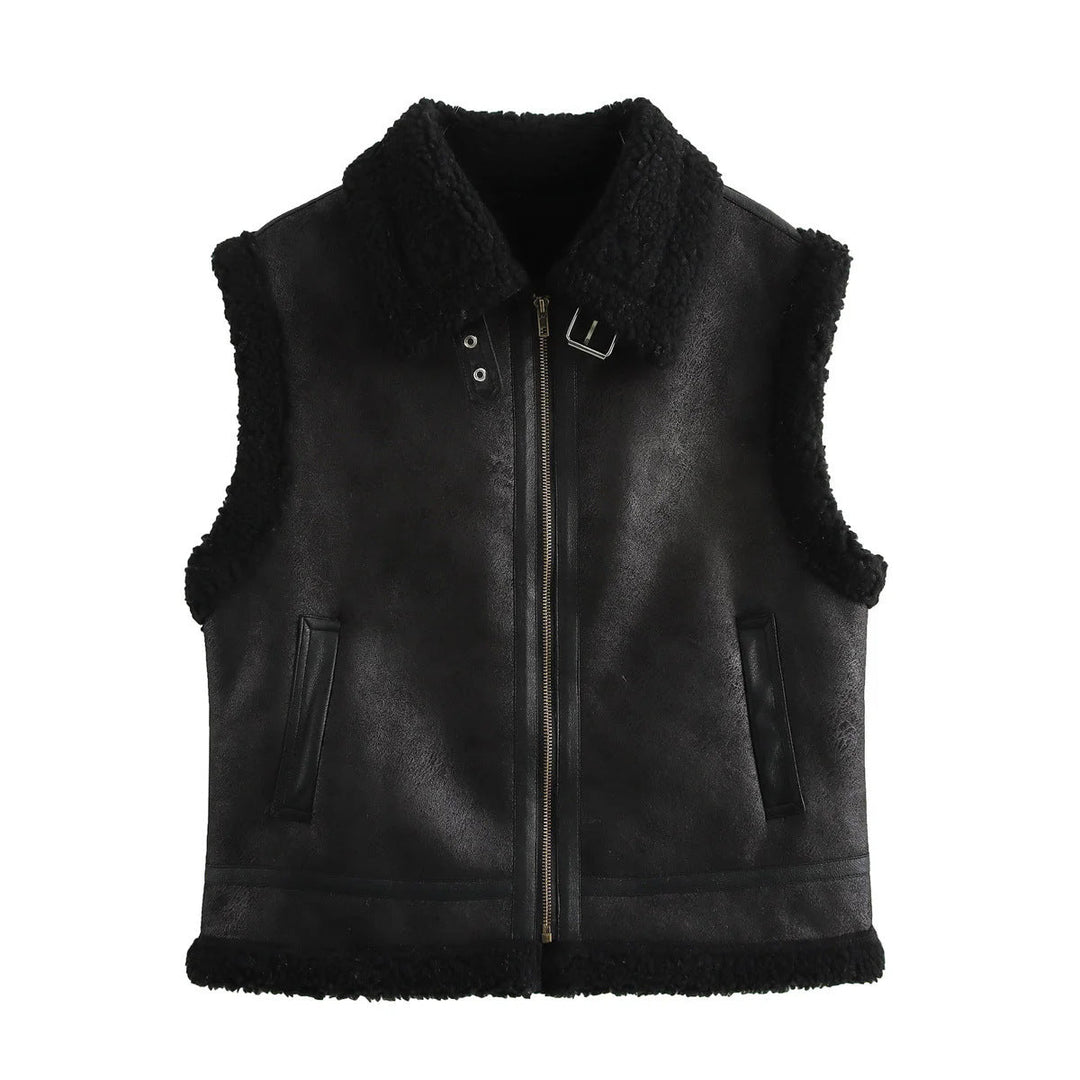 Dam figursydd faux fur väst med Sherpa krage, dragkedja och decorative bälte