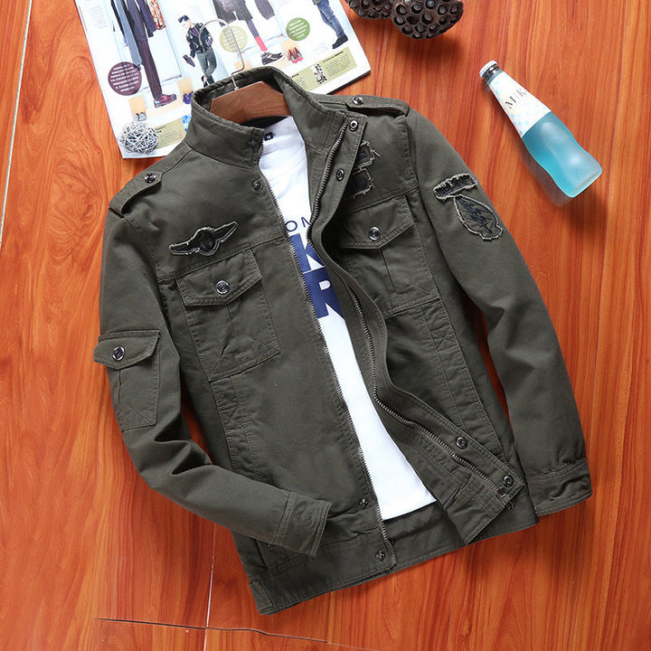 Herr Canvas Fältjacka i Militär Utility Stil med Stående Krage, Axel Patches, och Multi-Functional Fickor