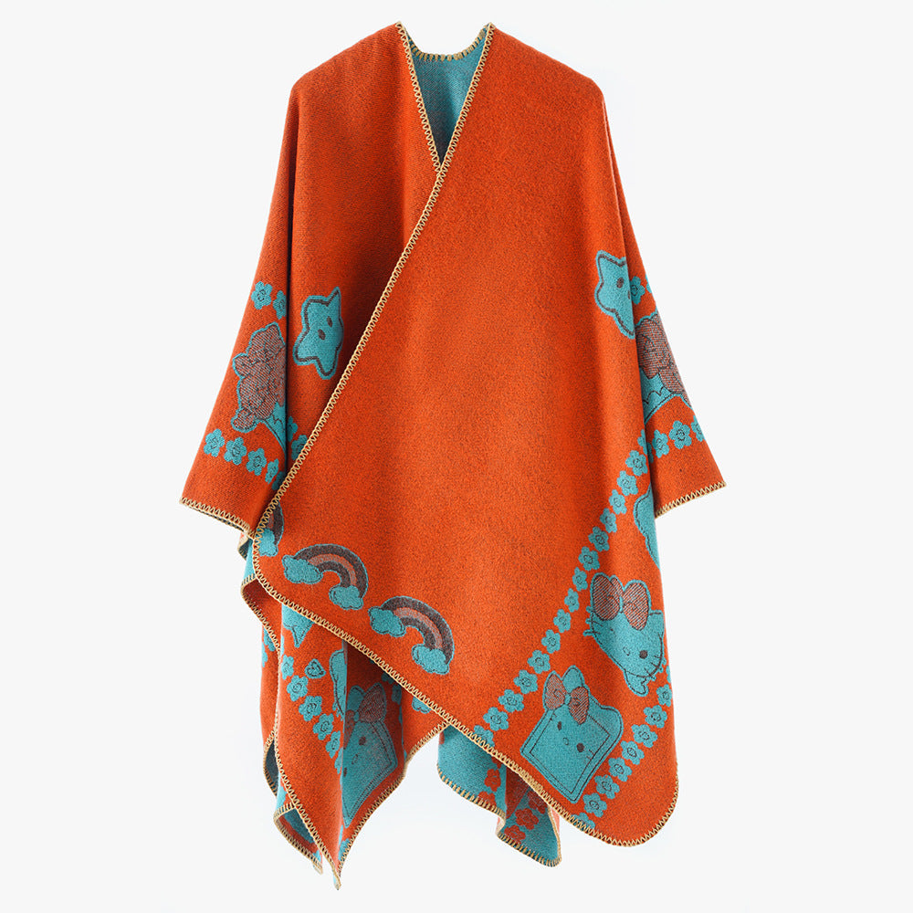 Dam Oversize poncho med Jacquard Animal mönster och Asymmetrical Pointed fåll
