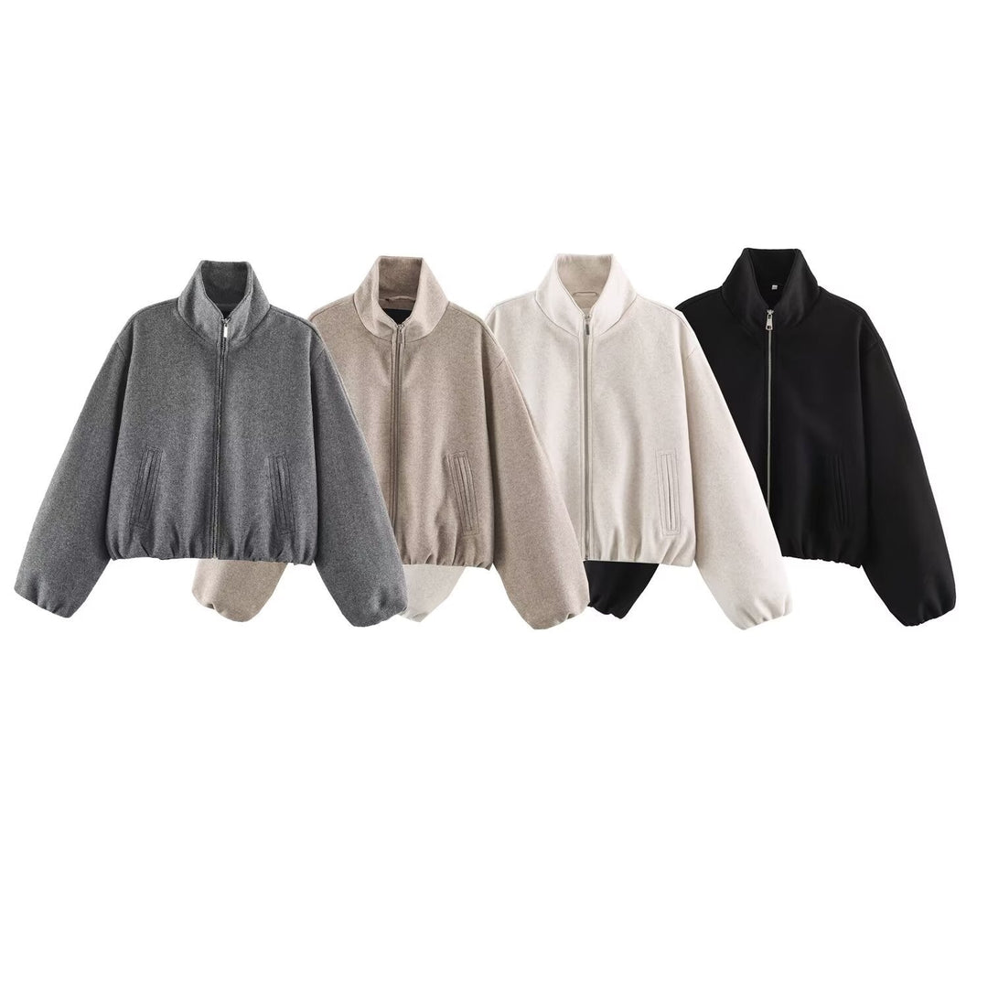 Dam Oversize Kort Blouson med Stå Krage, Dragkedja och Elastic Nederkant