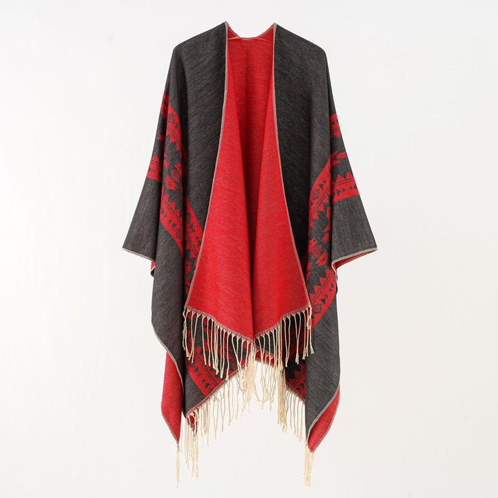 Dam Oversize poncho med Fringes och Jacquard mönster