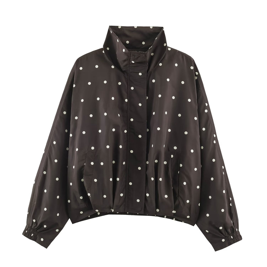Dam Oversized Vindjacka med Dot Tryck, Hög Ståkrage och Elastic Fåll