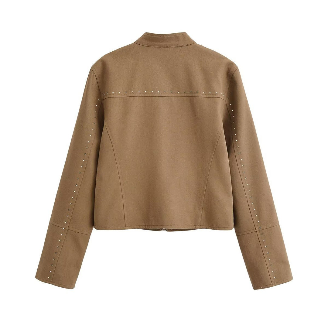 Dam Kort Blouson i Velour Look med Stå Krage, Dragkedja och Dekorativ Studs