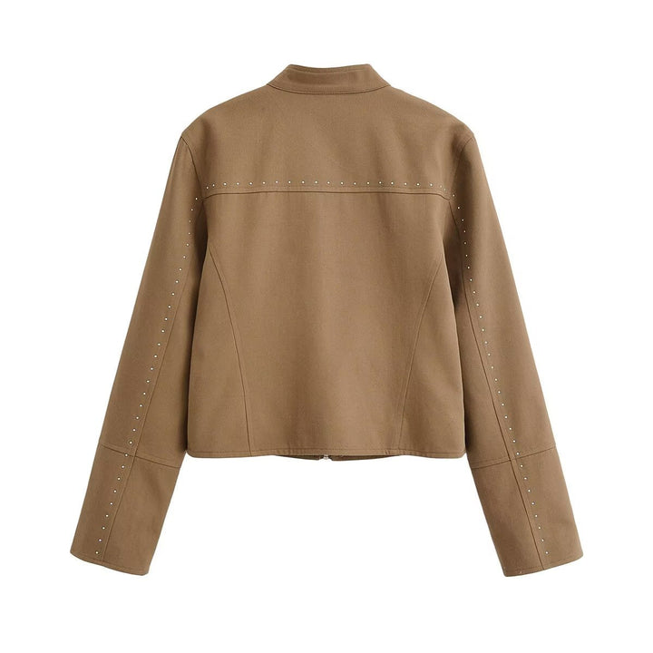 Dam Kort Blouson i Velour Look med Stå Krage, Dragkedja och Dekorativ Studs