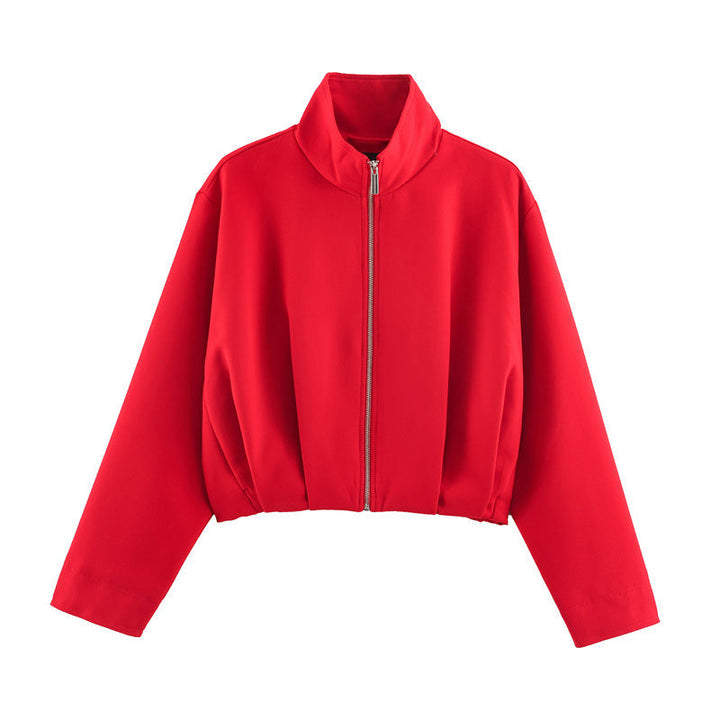 Dam Boxig-Kort Blouson Jacka med Hög Stå Krage och Fitted Elastic Waistband