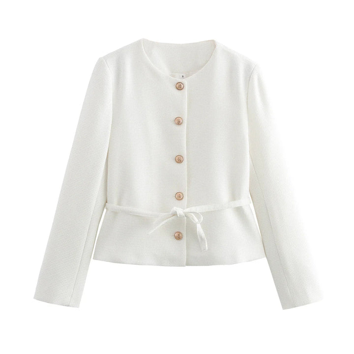 Dam figursydd button jacka med round neckline, waist tie bälte, och fine woven texture