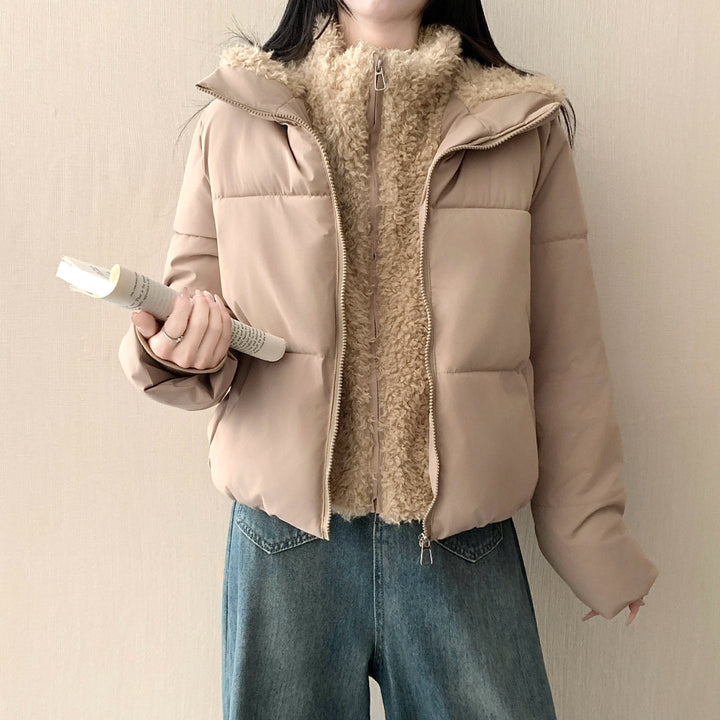 Dam kort vadderad double jacka med detachable teddy inner foder och hög ståkrage
