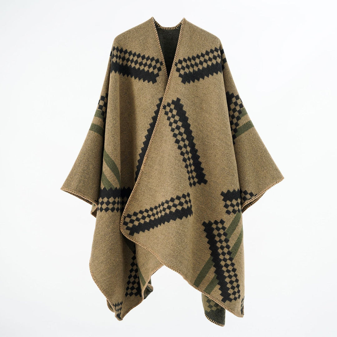 Dam oversized poncho Cape tillverkad av ullblandning med Geometric Jacquard och Decorative Stitching