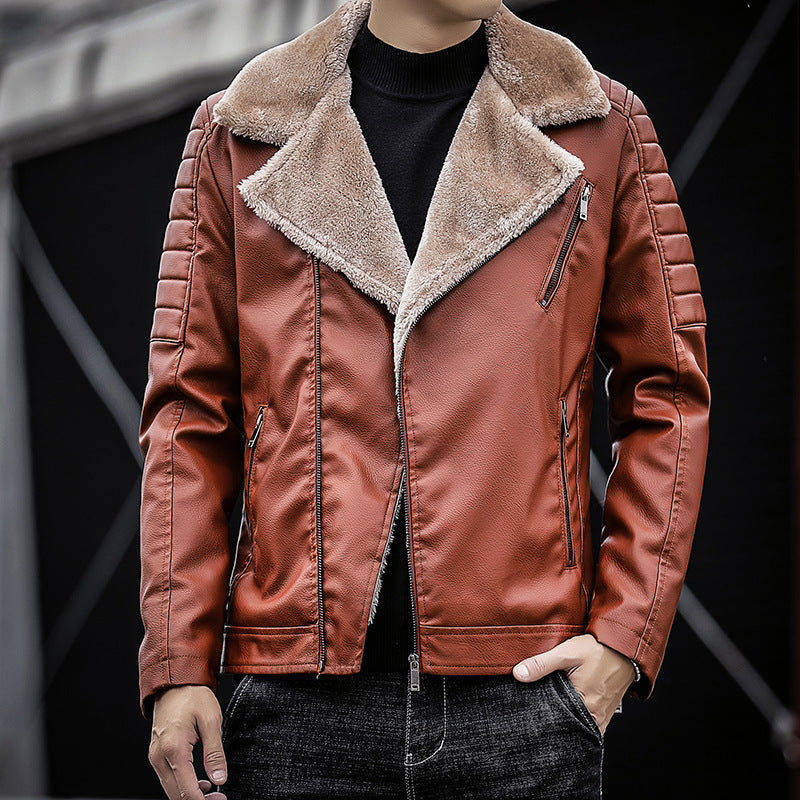 Herr Konstläder Biker Jacka med Teddy Fur Foder och Quiltad Ärm Detalj