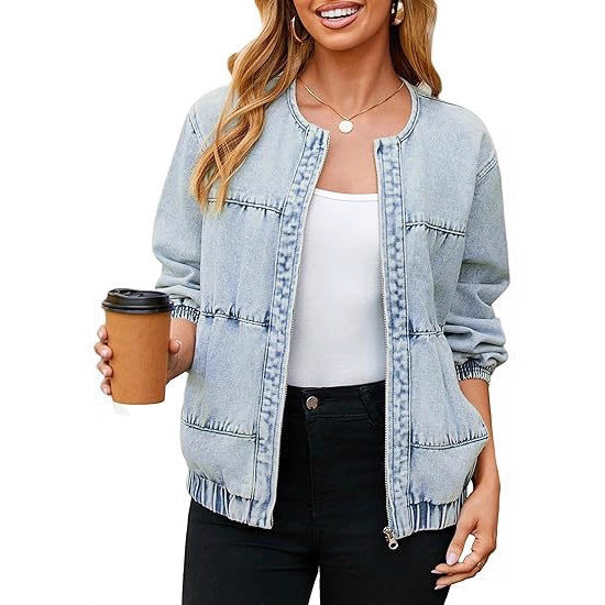 Dam jeans bomber jacka med round neckline, elastic muddar, och utanpåfickor