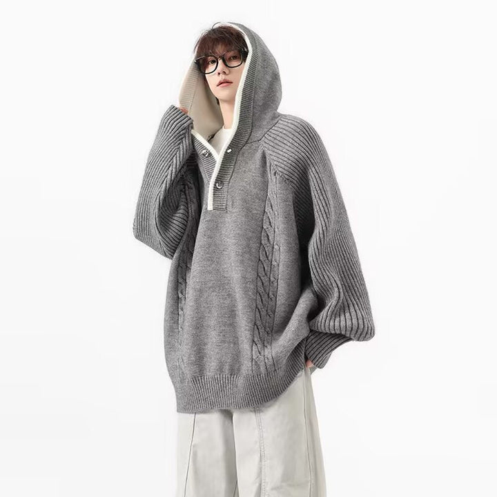 Herr Chunky Stickad Pullover med Huva och Knapplist