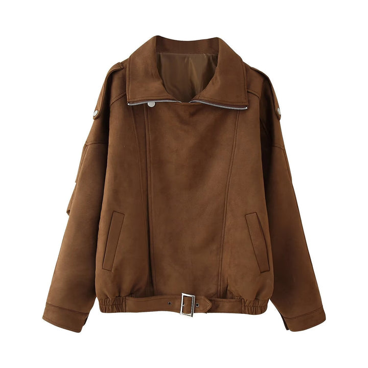 Dam Kort Jacka i Biker Blouson Stil med Bälte och Asymmetrical Lock