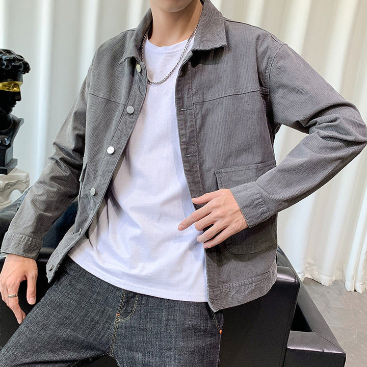 Herr Manchester Jacka i Worker-Blouson Stil med Metal Knäppning och Utanpåfickor