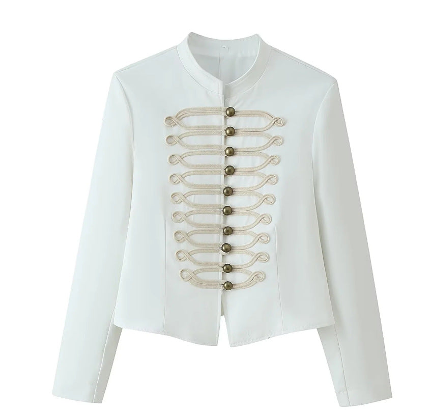 Dam Military Inspired kort Stand krage jacka med dekorativ Cords och Brass knappar
