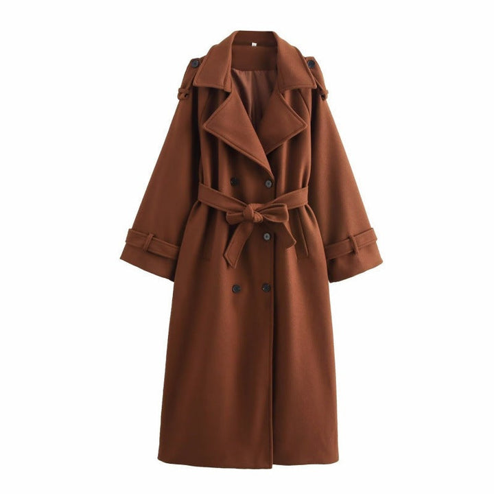 Dam Lång Dubbel-Breasted Ullblandning Trenchcoat med Bälte och Breda Slag