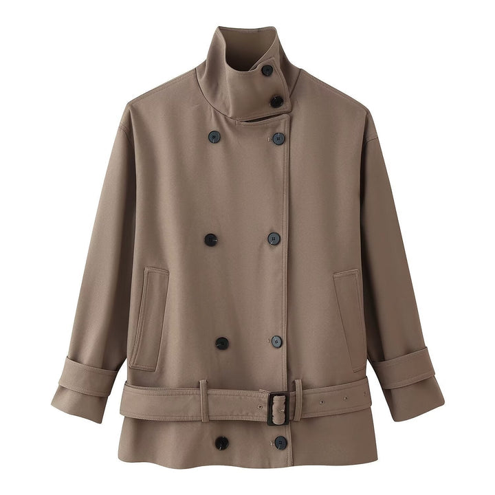 Dam Kort Double-Breasted Trenchcoat med Stå Krage och Waist Belt
