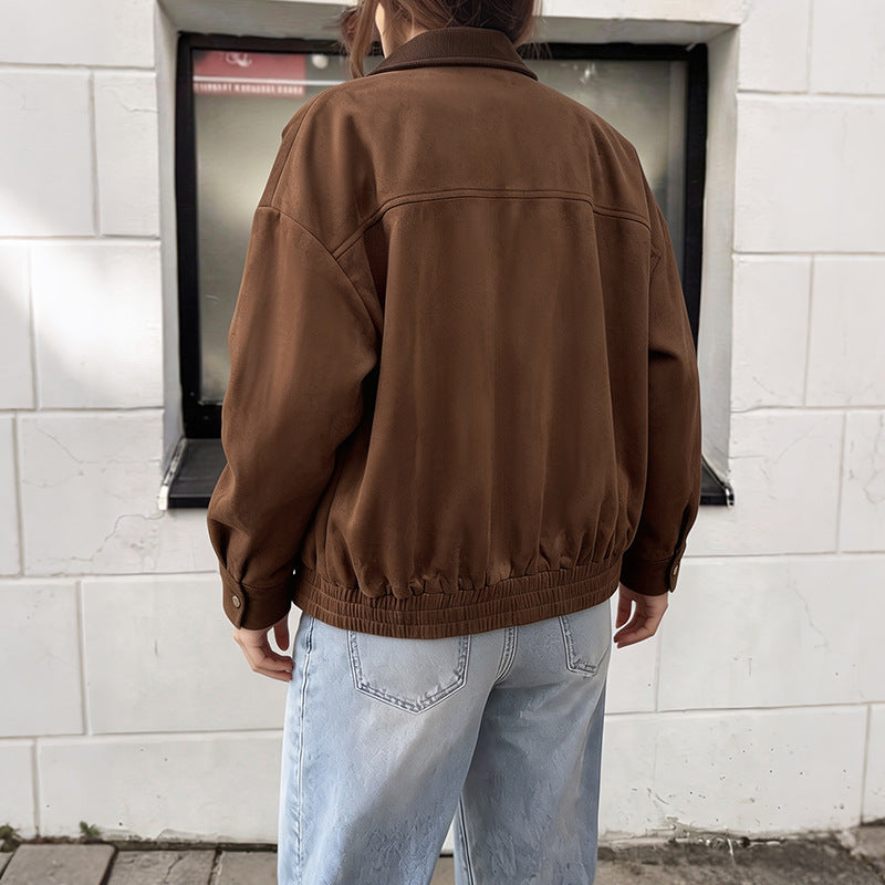 Dam Velour Läder Jacka med Cord Krage