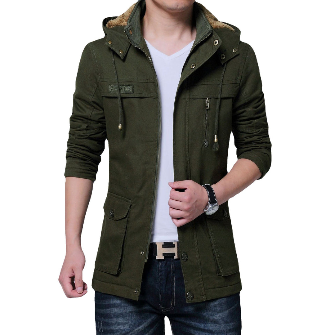 Herr Canvas Parka med Fodrad Huva, Multifunctional Fickor och Dold Dragkedja