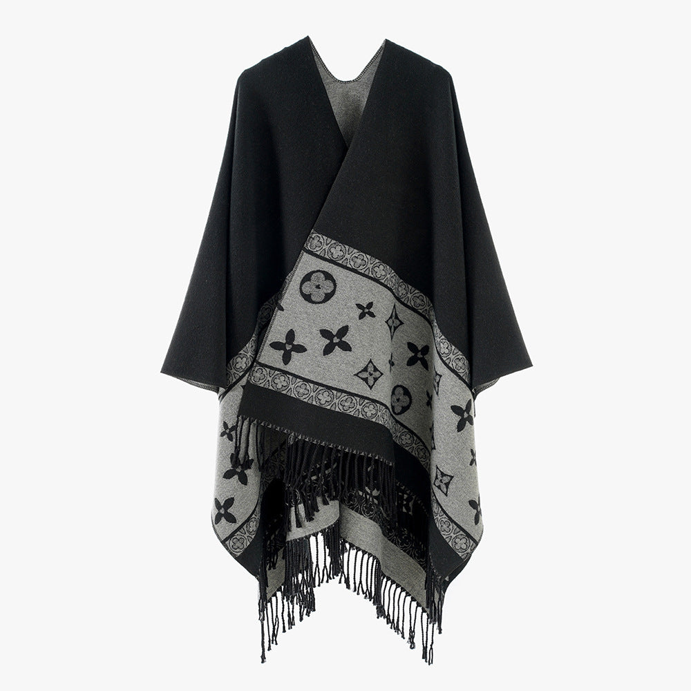 Dam oversized Rectangular poncho tillverkad av ullblandning med Woven Jacquard Border och Fringed fåll
