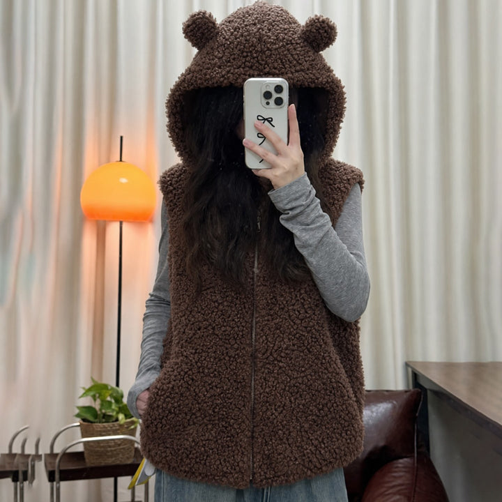 Dam cozy teddy väst med huva och dragkedja