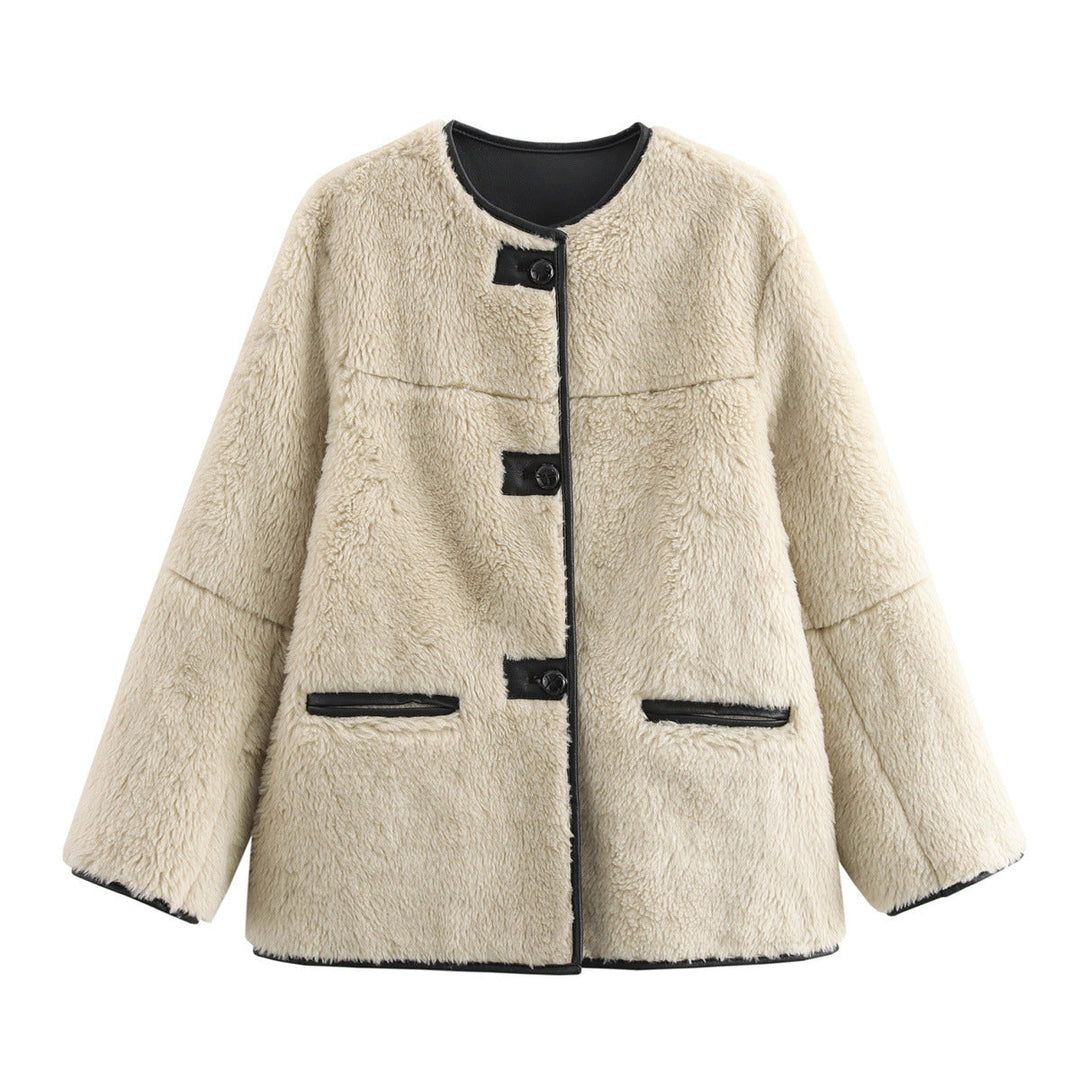 Dam Boxig Teddy Jacka i Faux Shearling med Round Neck, Knapp Stängning och Läder Piping