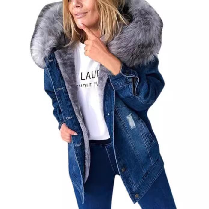Dam oversize denim Parka med removable faux fur krage och used effect