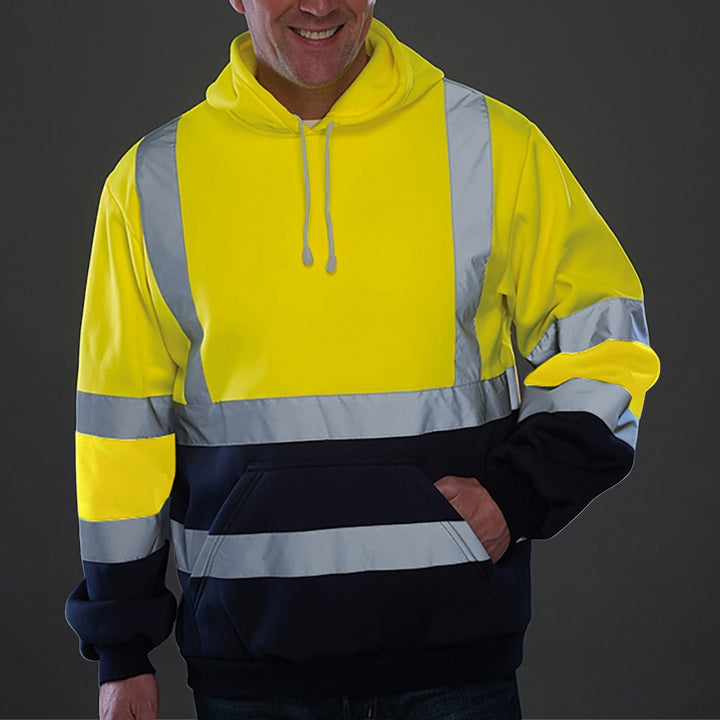 Herr Reflective Safety Luvtröja med Contrasting Reflective Bands, Känguruficka och Adjustable Huva