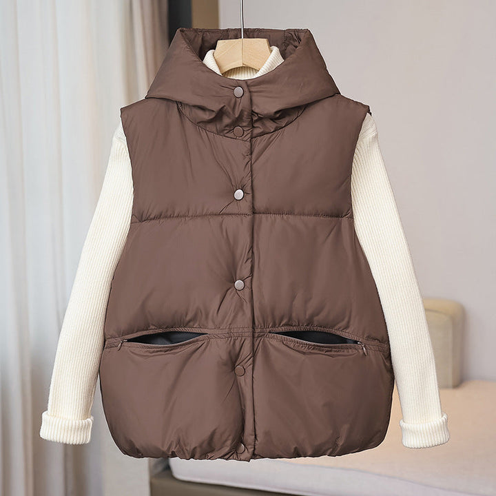Dam non-vadderad sleeveless thermal väst med voluminous ståkrage, concealed snap knäppning och side dragkedja fickor